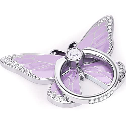 Butterfly Cell Phone Ring Holder Stand, 360°Rotation Metal Finger Kickstand, Compatible with iPhone, Samsung Galaxy, and Smartphone (Silver Purple Clear)