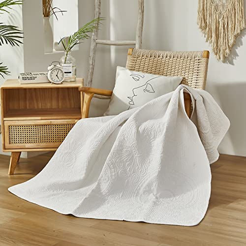 Brandream White Boho Sunflower Medallion Quilt Cotton Quilted Throw Blanket for Bed Couch Daybed 47 X 60 Inch Decorative Throw Blankets