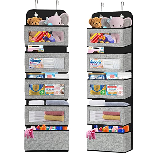 JAYSDAYLY Over the Door Hanging Organizer Storage with 5 Large Pockets,Wall Mount Pantry Organizers with Clear Windows and 2 Metal Hooks for Toilet,Bathroom,Closet,Nursery,Diapers