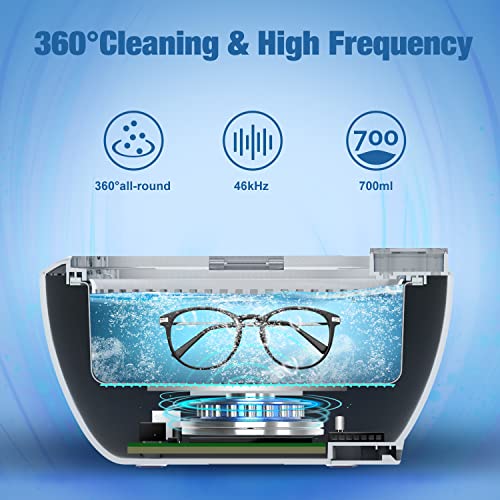 VLOXO Ultrasonic Cleaner with Digital Display 700ml Touch Screen Device Ultrasonic Cleaning Device Ultrasonic Bath Ultrasonic Cleaner Machine for Watches Jewelry Razor Heads Coin(White)