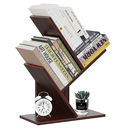 R RUISHENG Wood Tree Bookshelf, 3 Shelves Display Bookcase for Books/Magazines/CDs, Desk Standing Book Shelves Organizer for Office, Bedroom, Living Room