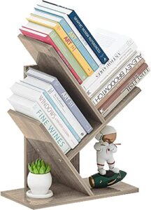 zrwd tree bookshelf, 3-tier book storage organizer shelves floor standing bookcase, wood storage rack for office home school shelf display for cd/magazine（french oak grey）