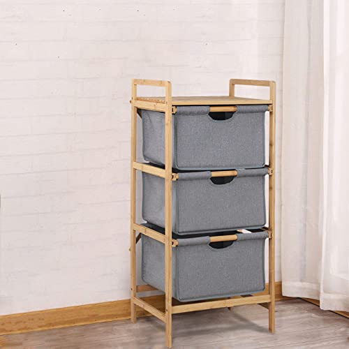 Fabric Laundry Basket 3-Tier Clothes Hamper Bins Bamboo Free-standing Laundry Storage Organizer Bags with Handle and Desktop for Living Room Bedroom Bathroom Closets