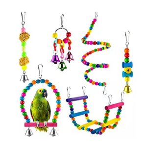 bird toys 6pcs wooden hanging bell with hammock climbing ladders colorful pet bird swing toys for budgerigar, parakeet, conure, cockatiel, mynah, love birds, finches