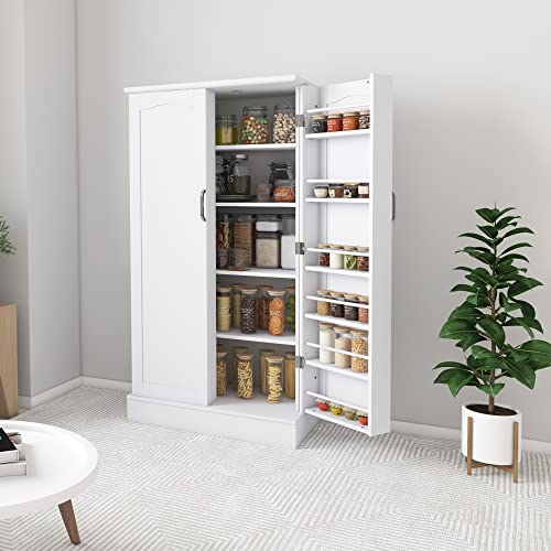 Jehiatek 47” Kitchen Pantry Cabinet, White Freestanding Buffet Cupboards Sideboard with Doors & Adjustable Shelves, Kitchen Pantry Storage Cabinet for Kitchen, Living Room and Dinning Room