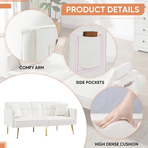 Antetek Convertible Futon Sofa Bed, 69-inch Modern Tufted Velvet Sleeper Sofa Couch Oversized Loveseat Sofa w/3 Adjustable Positions, 6 Metal Legs and Cup Holder for Living Room Bedroom Office, White