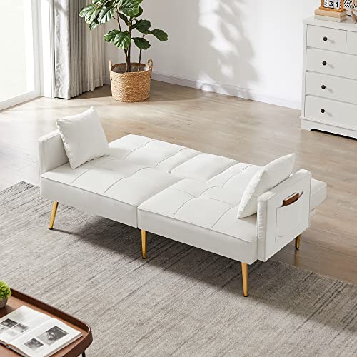 Antetek Convertible Futon Sofa Bed, 69-inch Modern Tufted Velvet Sleeper Sofa Couch Oversized Loveseat Sofa w/3 Adjustable Positions, 6 Metal Legs and Cup Holder for Living Room Bedroom Office, White