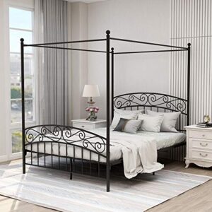 zoophyter metal canopy queen size bed frame with headboard heavy duty steel slat support no box spring needed easy assemble black