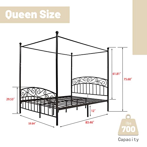 Zoophyter Metal Canopy Queen Size Bed Frame with Headboard Heavy Duty Steel Slat Support No Box Spring Needed Easy Assemble Black