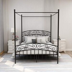 Zoophyter Metal Canopy Queen Size Bed Frame with Headboard Heavy Duty Steel Slat Support No Box Spring Needed Easy Assemble Black