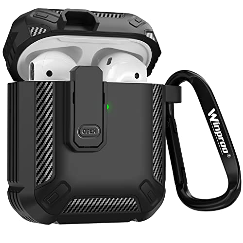 Winproo Armor Airpods 2nd & 1st Generation Case Cover with Lock Clip, Military Hard Shell Full-Body Shockproof Protective Case Skin with Keychain for Airpods 2nd & 1st Gen (Black)