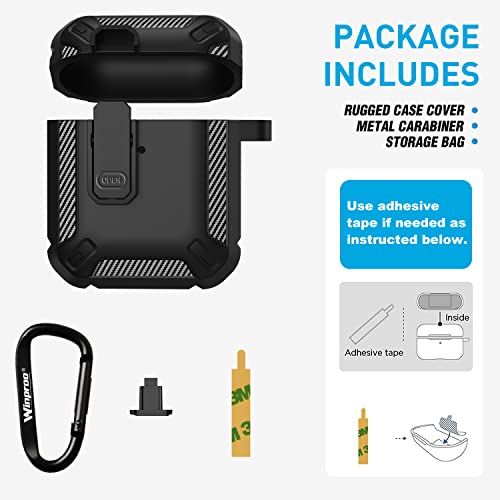 Winproo Armor Airpods 2nd & 1st Generation Case Cover with Lock Clip, Military Hard Shell Full-Body Shockproof Protective Case Skin with Keychain for Airpods 2nd & 1st Gen (Black)