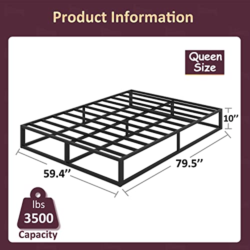 Bilily 10 Inch Queen Bed Frame with Steel Slat Support, Low Profile Queen Metal Platform Bed Frame Support Mattress Foundation, No Box Spring Needed/Easy Assembly/Noise Free