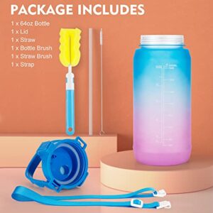 QIMUKKX Half Gallon Water Bottle with Straw, 64 oz Water Bottle with Time Marker, Plastic Water Bottles with Chug & Straw Lid, Motivational Water Jug with Phone Holder