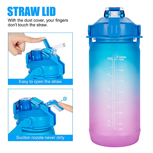 QIMUKKX Half Gallon Water Bottle with Straw, 64 oz Water Bottle with Time Marker, Plastic Water Bottles with Chug & Straw Lid, Motivational Water Jug with Phone Holder