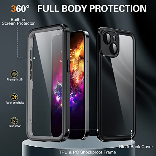 GOLDJU for iPhone 14 Case, [IP68 Waterproof] Case [Dustproof] with [Built-in Screen Protector], [10FT Military Fully Body Shockproof] Phone Case for iPhone 14 6.1 inch (2022), Black/Clear