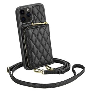 lameeku iphone 14 pro wallet case, quilted leather crossbody purse with rfid card holder, shockproof - 6.1 inch, black