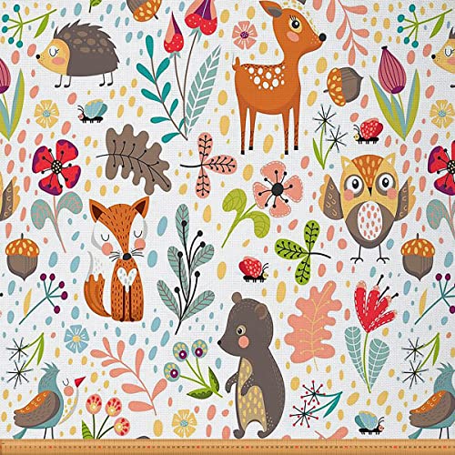 Cartoon Animals Fabric by The Yard, Fox Deer Upholstery Fabric, Owl Hedgehog Bear Decor Fabric, Leaves Pinecone Indoor Outdoor Fabric, Bee Wildlife DIY Art Waterproof Fabric, Multicolor, 1 Yard