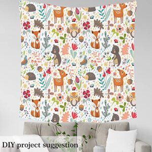 Cartoon Animals Fabric by The Yard, Fox Deer Upholstery Fabric, Owl Hedgehog Bear Decor Fabric, Leaves Pinecone Indoor Outdoor Fabric, Bee Wildlife DIY Art Waterproof Fabric, Multicolor, 1 Yard