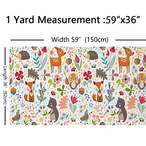 Cartoon Animals Fabric by The Yard, Fox Deer Upholstery Fabric, Owl Hedgehog Bear Decor Fabric, Leaves Pinecone Indoor Outdoor Fabric, Bee Wildlife DIY Art Waterproof Fabric, Multicolor, 1 Yard