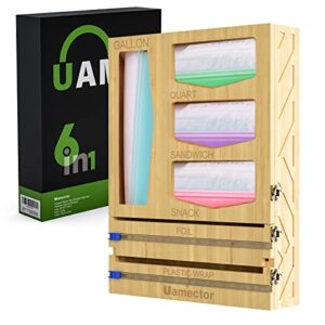 bamboo ziplock bag storage organizer, 6 in 1 foil and plastic wrap organizer for kitchen drawer, uamector  aluminum foil dispenser with cutter, compatible within 12" roll 
