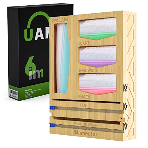 Bamboo Ziplock Bag Storage Organizer, 6 In 1 Foil and Plastic Wrap Organizer for Kitchen Drawer, Uamector  Aluminum Foil Dispenser with Cutter, Compatible within 12" Roll 