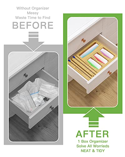 Bamboo Ziplock Bag Storage Organizer, 6 In 1 Foil and Plastic Wrap Organizer for Kitchen Drawer, Uamector  Aluminum Foil Dispenser with Cutter, Compatible within 12" Roll 