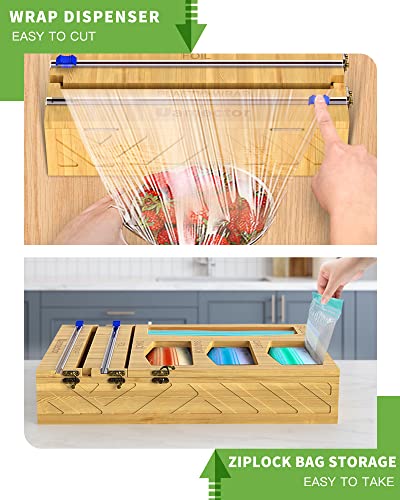 Bamboo Ziplock Bag Storage Organizer, 6 In 1 Foil and Plastic Wrap Organizer for Kitchen Drawer, Uamector  Aluminum Foil Dispenser with Cutter, Compatible within 12" Roll 