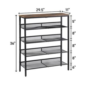 Kavonty Shoe Rack 5 Tier,Shoe Rack Organizer for Closet Entryway with Storage Shelves and Spacious Top,20-25 Pairs Shoes，Shoe Shelf, Steel Frame,Industrial, Rustic Brown and Black