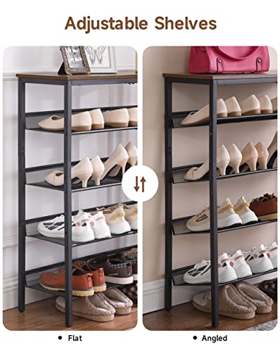 Kavonty Shoe Rack 5 Tier,Shoe Rack Organizer for Closet Entryway with Storage Shelves and Spacious Top,20-25 Pairs Shoes，Shoe Shelf, Steel Frame,Industrial, Rustic Brown and Black