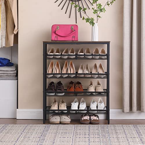 Kavonty Shoe Rack 5 Tier,Shoe Rack Organizer for Closet Entryway with Storage Shelves and Spacious Top,20-25 Pairs Shoes，Shoe Shelf, Steel Frame,Industrial, Rustic Brown and Black