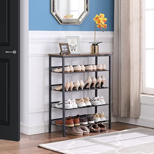 Kavonty Shoe Rack 5 Tier,Shoe Rack Organizer for Closet Entryway with Storage Shelves and Spacious Top,20-25 Pairs Shoes，Shoe Shelf, Steel Frame,Industrial, Rustic Brown and Black