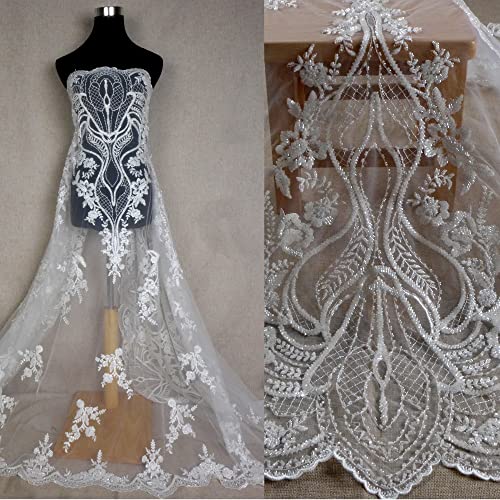 Special Large Patterns Design La Belleza Beading lace Fabric 49" Width Beautiful Easy to Cut for Wedding Dress White lace Fabric Off White 2 Yards