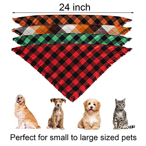 JOTFA 4 Pack Halloween Thanksgiving Day Christmas Dog Bandanas, Holiday Plaid Dog Puppy Bandana with Tassel Edge Dog Costume for Small Medium Large Dogs Pets