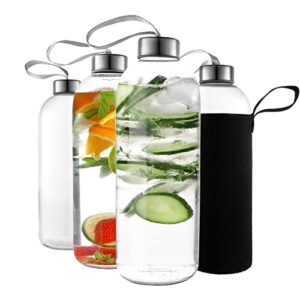 kitchen lux 32 oz glass water bottle set of 4 - glass water bottles caps & sleeve, reusable glass bottle lids, clear glass bottles, refillable glass juice bottles for juicing, juicer bottles