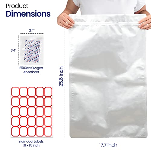 10 Pack - 5 Gallon Mylar Bags For Food Storage with 2500cc Single Sealed Oxygen Absorbers & Labels - 10.5 mil thick, Zipper Resealable Mylar Bag With Stand Up Bottom for Long Term Storage, Heal Seal