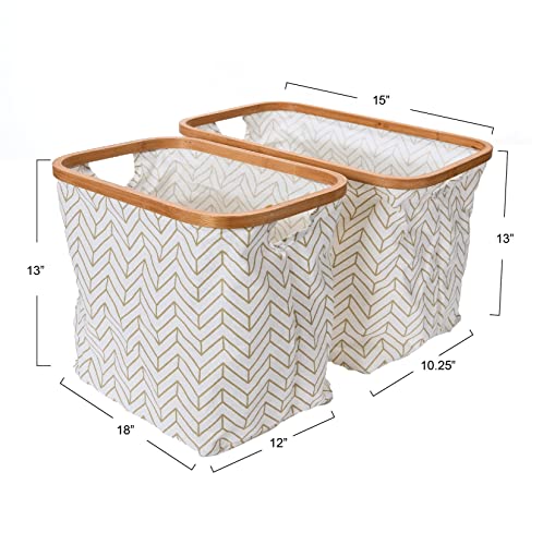 Household Essentials Bamboo Rimmed Krush Basket with Cutout Handles, Set of 2 Sizes, Tan Chevron