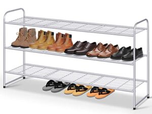 kimbora metal long shoe rack for closet, 3 tier wide shoe organizer for entryway, 24 pairs stackable shoe storage shelf for bedroom floor with wire grid (grey)