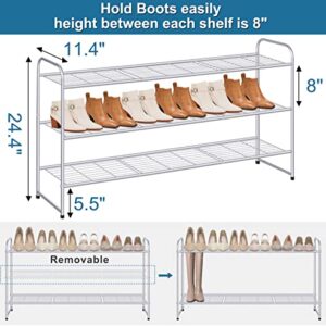 KIMBORA Metal Long Shoe Rack for Closet, 3 Tier Wide Shoe Organizer for Entryway, 24 Pairs Stackable Shoe Storage Shelf for Bedroom Floor with Wire Grid (Grey)