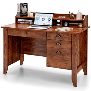 goflame 48” computer desk with hutch, vintage home office desk with storage drawers & shelves, space saving laptop pc table, wooden study writing workstation, rustic brown