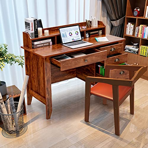 GOFLAME 48” Computer Desk with Hutch, Vintage Home Office Desk with Storage Drawers & Shelves, Space Saving Laptop PC Table, Wooden Study Writing Workstation, Rustic Brown