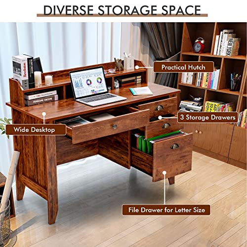 GOFLAME 48” Computer Desk with Hutch, Vintage Home Office Desk with Storage Drawers & Shelves, Space Saving Laptop PC Table, Wooden Study Writing Workstation, Rustic Brown