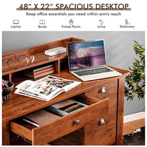 GOFLAME 48” Computer Desk with Hutch, Vintage Home Office Desk with Storage Drawers & Shelves, Space Saving Laptop PC Table, Wooden Study Writing Workstation, Rustic Brown