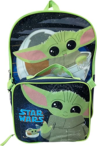 Fast Forward Star Wars The Mandalorian Baby Yoda 15 Inch Kids Backpack With Removable Lunch Box (Grey-Navy-Green)