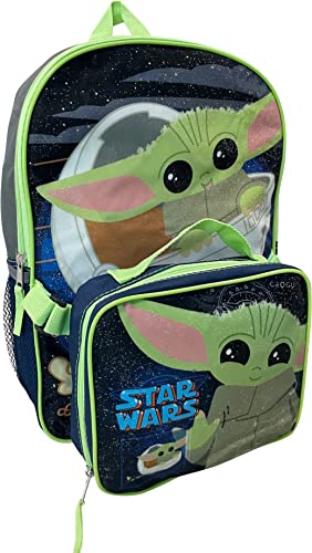 Fast Forward Star Wars The Mandalorian Baby Yoda 15 Inch Kids Backpack With Removable Lunch Box (Grey-Navy-Green)