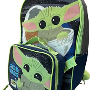 Fast Forward Star Wars The Mandalorian Baby Yoda 15 Inch Kids Backpack With Removable Lunch Box (Grey-Navy-Green)