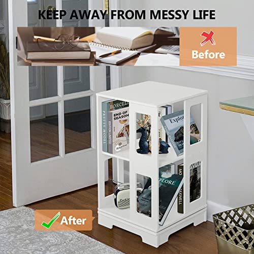 Nisorpa 2 Tier Rotating Bookshelf, 360° Revolving Square Bookcase Floor-Standing Storage Display Rack for Kids & Adults, Used in Bedrooms Living Rooms Study Office (30"x18"x18")