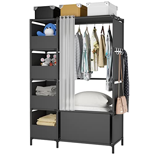 MOYIPIN Portable Wardrobe Clothes Storage Closet Cabinet with Curtain, for Living Room, Bedroom, Black