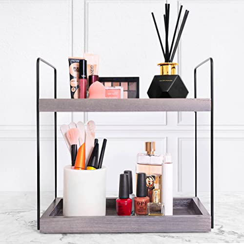 Hidden Haven - Upgraded - 2 Tier Wooden Countertop Organizer Lightly Lacquered to Resist Water and Stains - Multi-Use Organizer - Bathroom Organizer, Kitchen Organizer (Smoked Ash)