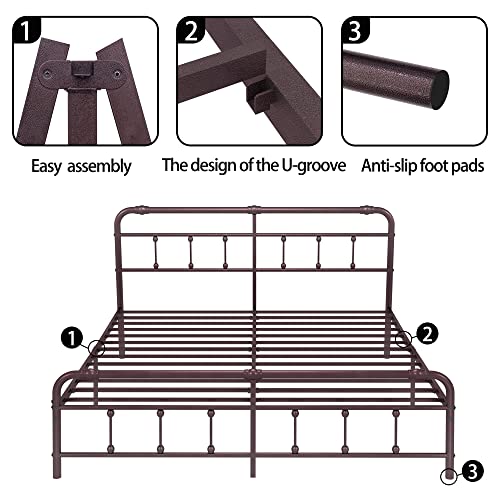 Ponsalion King-Bed-Frame with-Headboard and-Footboard Set - Platform Bed Frame King Size,16 Inches High,no Box Spring Needed,Easy to Assemble(Brown)